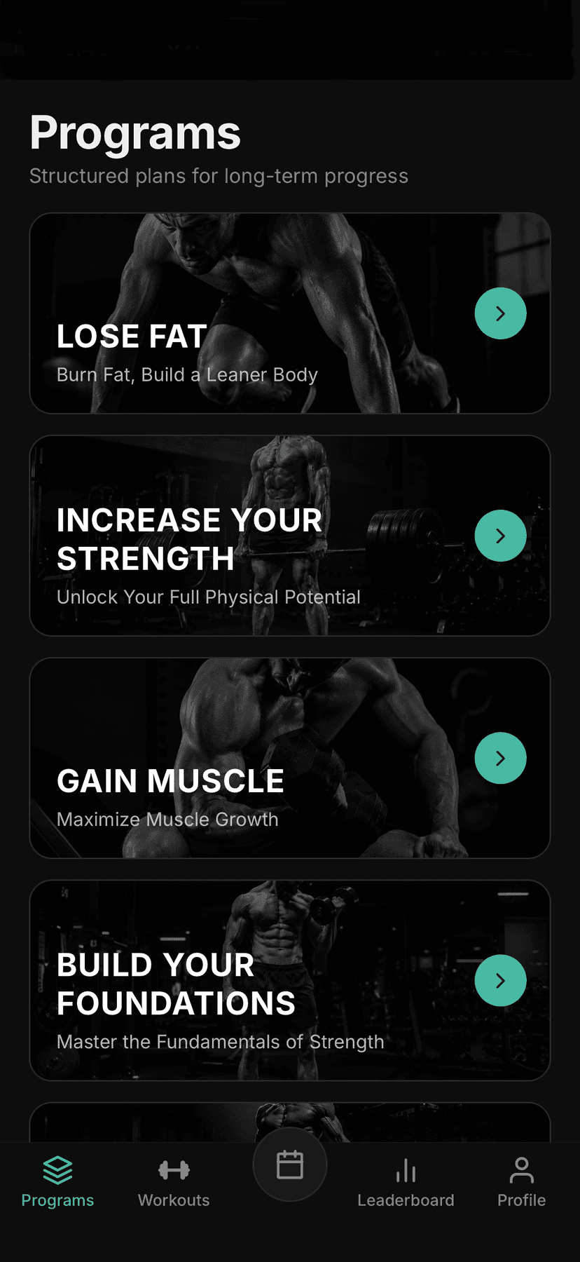 Mintr app programs screen showing Aesthetics, Muscle Builder categories