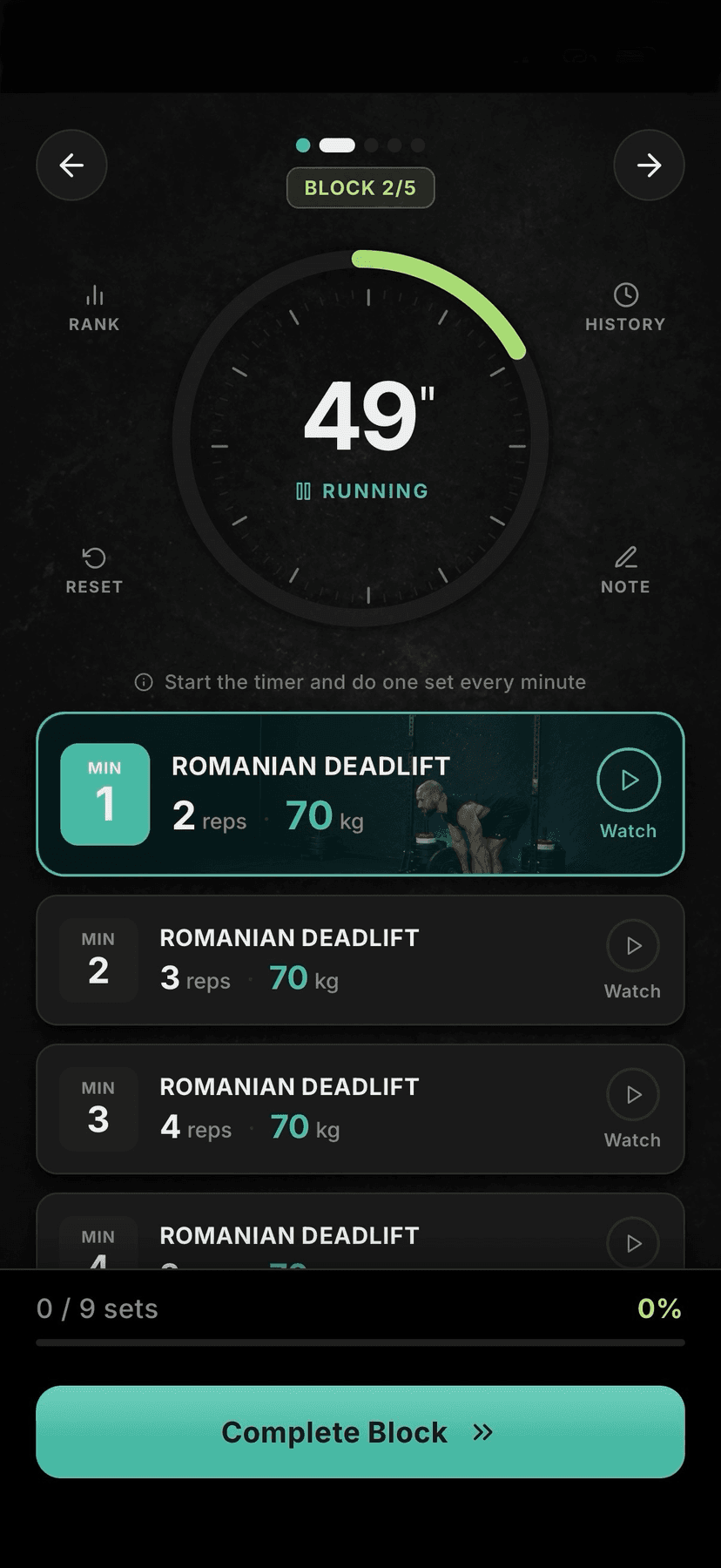 Mintr app EMOM timer screen showing workout block